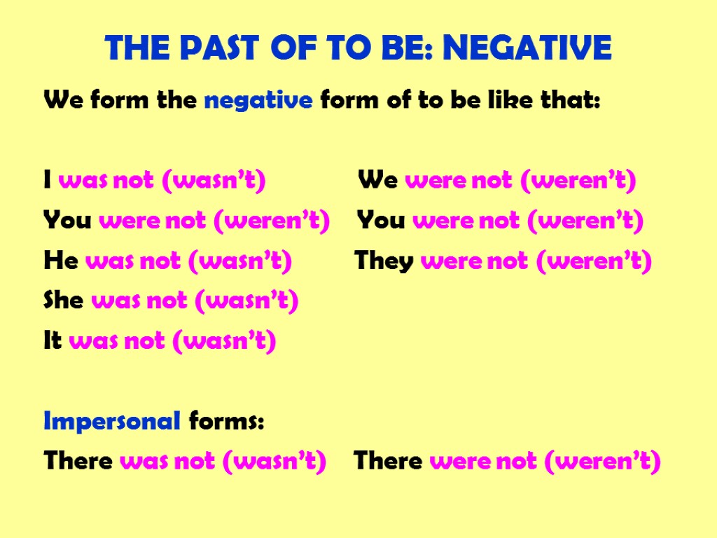 THE PAST OF TO BE: NEGATIVE We form the negative form of to be